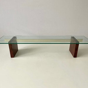 Mid-century Modern Minimalist Thick Glass Top Living Room Table with wood legs, 1960s