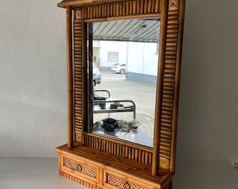 Beautifully Hand-crafted Bamboo XL Wall Mirror with 2 Drawers, 1960s