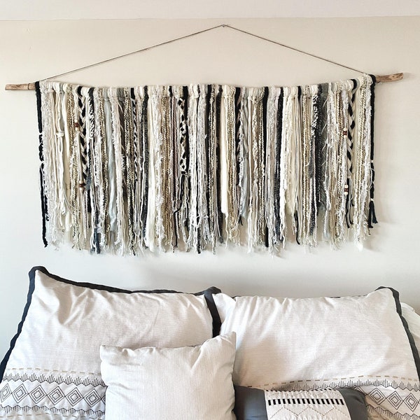 Custom Driftwood Wall Art: Bohemian Yarn Wall Hanging, Black and White Aesthetic Home Decor, Macrame Headboard - Unique Large Wall Art