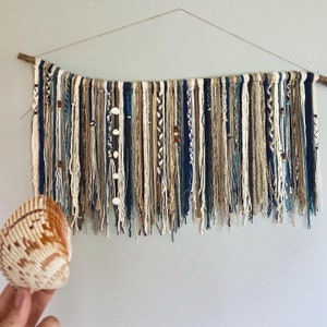 Bohemian Wall Hanging, Boho Wall Decor, beach vibes, boho ocean decor, house warming gift, new house gift, seashell wall art, yarn tapestry