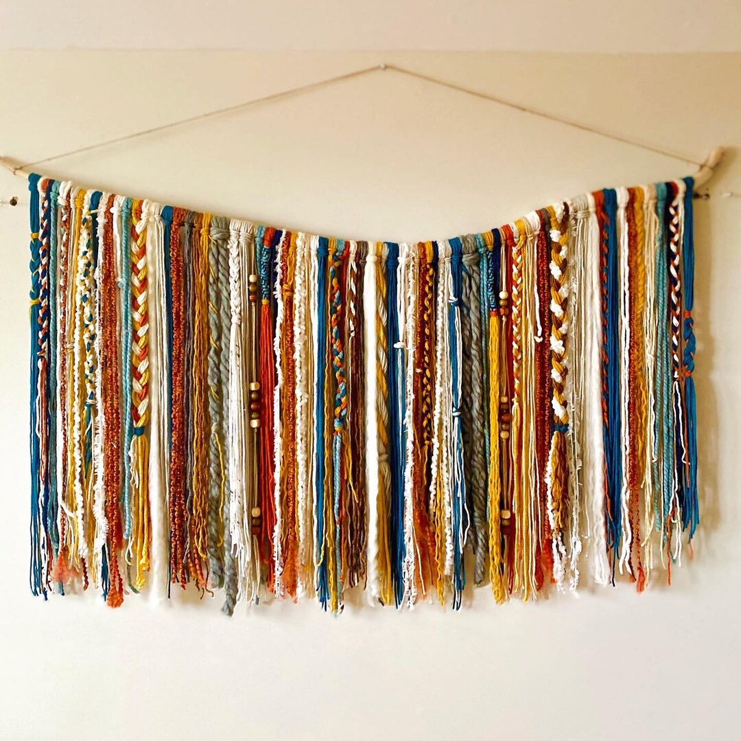 Custom Driftwood Wall Art Bohemian Yarn Wall Hanging, Teal Aesthetic