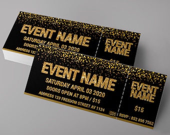 Sparkly Tickets Printable, Glitter ticket, shined ticket, gold ticket, birthday glitter ticket, event tickets design, gold and black ticket