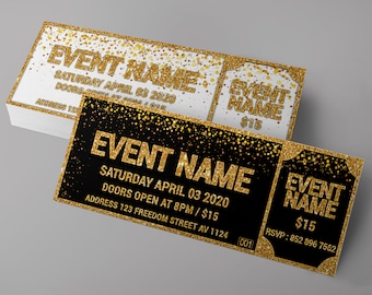 Sparkly Tickets , Glitter ticket, shined ticket, gold and white ticket, birthday glitter ticket, event tickets design, gold and black ticket