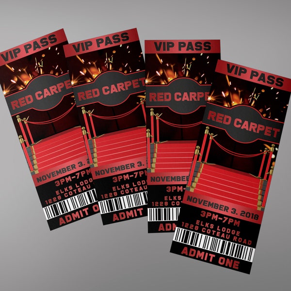 Red carpet ticket, red carpet ticket invitation, red carpet birthday ticket, red carpet party ticket, red carpet invite, red carpet night