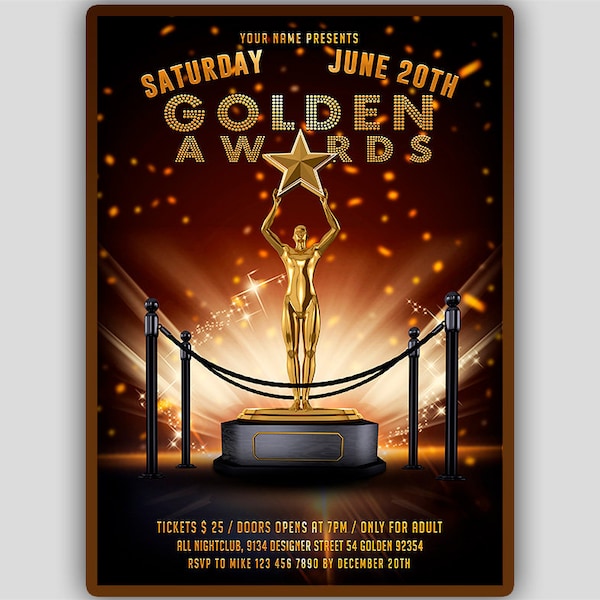 Golden awards flyer, awards invitation, movie award flyer, music awards flyer, award ceremony flyer, awards celebration flyer, stars night