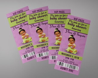 Princess baby tiana ticket, princess tiana baby shower invitation, princess baby tiana baby shower invite ticket, baby tiana invite ticket