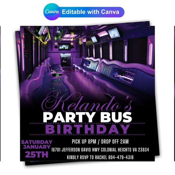 Party Bus Flyer Design Editable With Canva, Party Bus Birthday Invitation, Digital Party Bus Invite, Social Media Party Bus Flyer Template