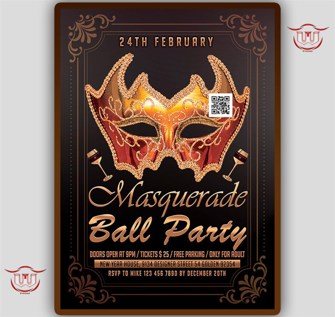 Masquerade Ball Party Invitation, Mardi Gras Party Flyer, Mask Party