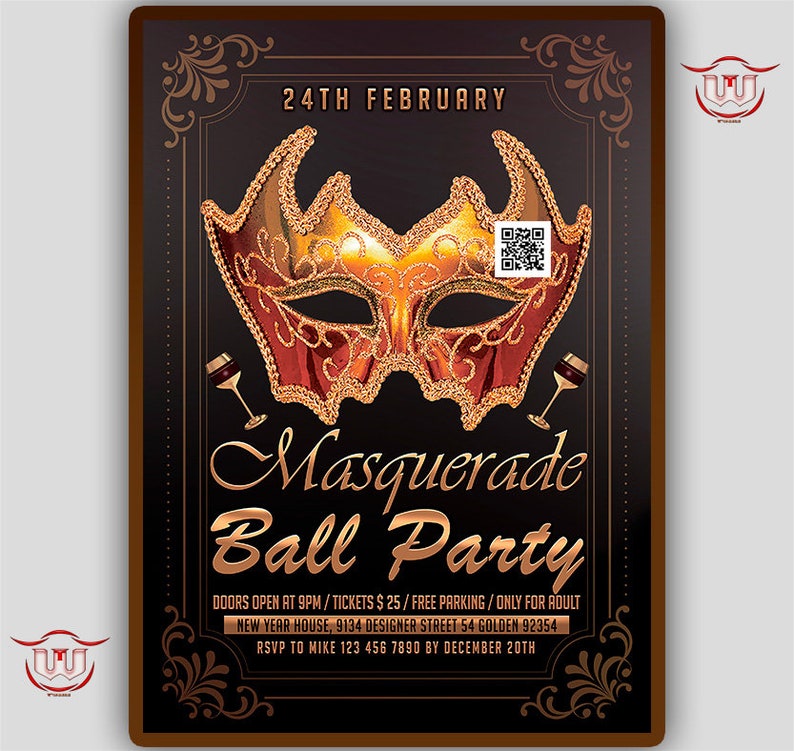 Masquerade ball party invitation, mardi gras party flyer, mask party invite, mardi gras carnival poster, mask event invitation image 1