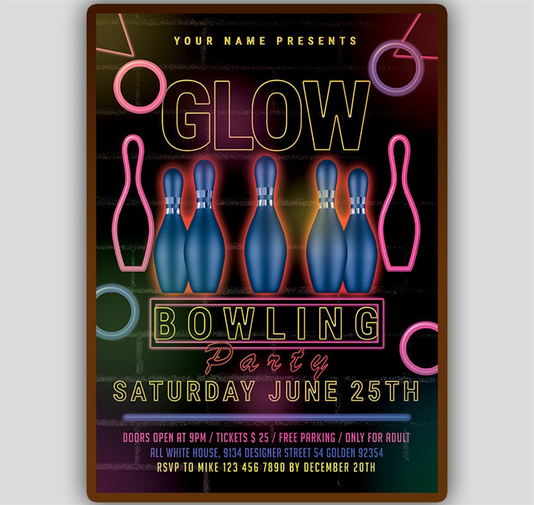 Glow Bowling Invitation, Cosmic Bowling Night Flyer, Glow in the Dark