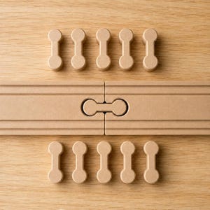 May include: Ten small, light brown, dumbbell-shaped wooden connectors arranged in two rows of five, positioned above and below two straight wooden track segments that are joined together by one of the connectors in the center.