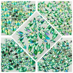 A6 Iridescent Green Loose Festival Face Body Gems Jewels 10g Mixed Sizes in Different Shapes.