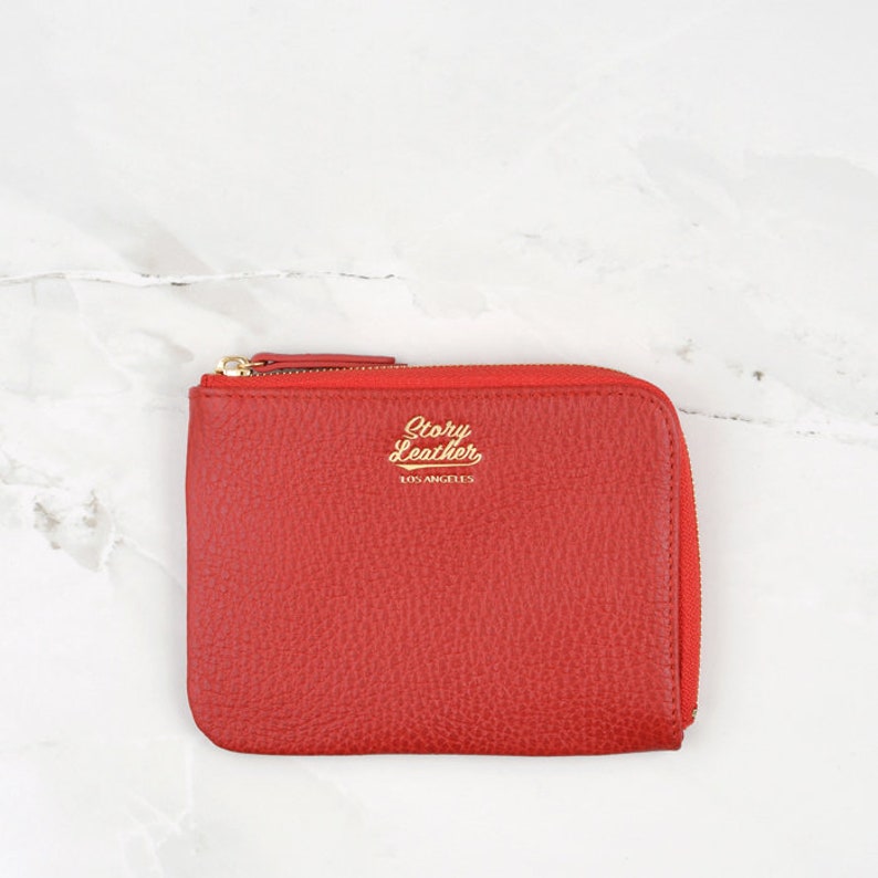 Ladies Red Pebble Grain Genuine Leather Zipper Coin Wallet Pouch Gift for Her