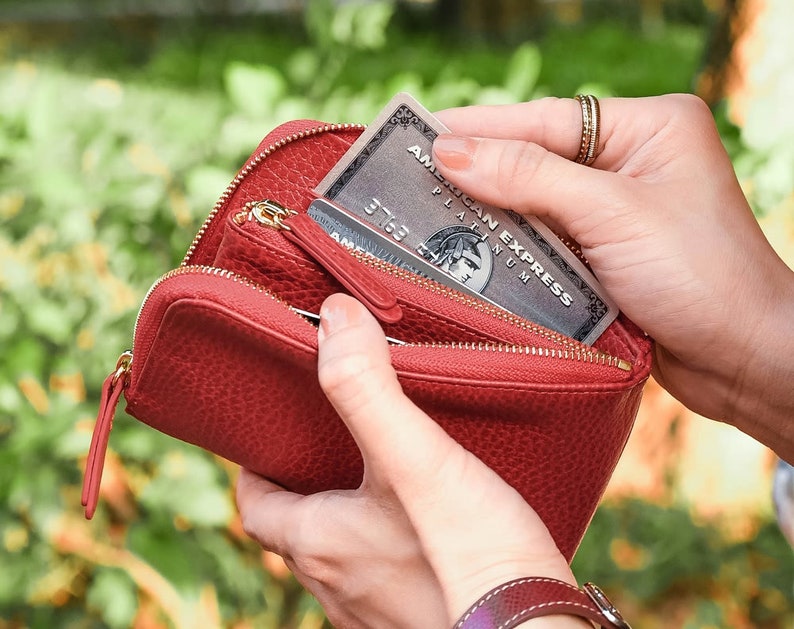 Ladies Red Pebble Grain Genuine Leather Zipper Coin Wallet Pouch Gift for Her