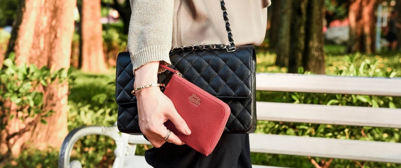 Ladies Red Pebble Grain Genuine Leather Zipper Coin Wallet Pouch Gift for Her