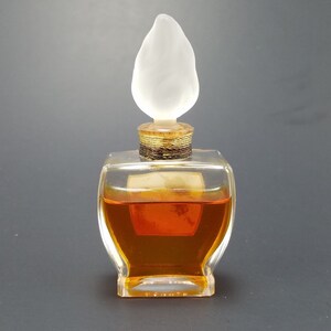 May include: A clear glass bottle with a brown liquid inside. The bottle has a unique, leaf-shaped stopper made of frosted glass.