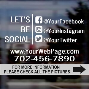Social Media Decal, Facebook, Instagram, Twitter and computer cut vinyl for car rear window, storefront door and window sign for business.