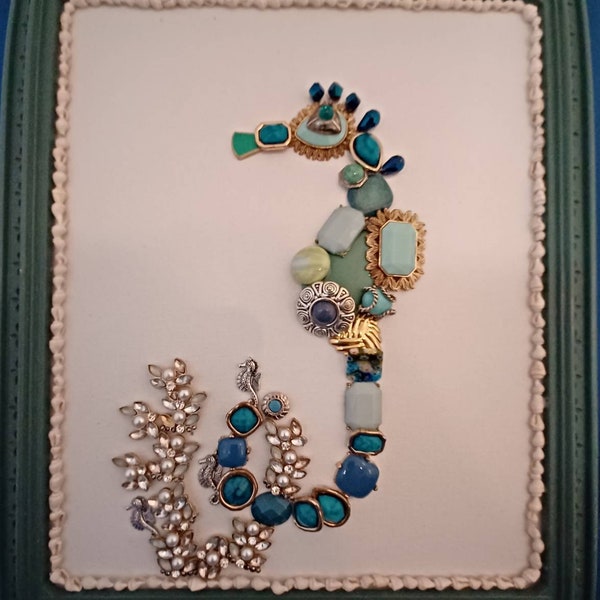 Jeweled Seahorse Repurposed Jewelry Art Blue Green Sealife Saltlife Ocean Framed Artwork Shell Trim Detailed Teal Frame Bejeweled Seahorse