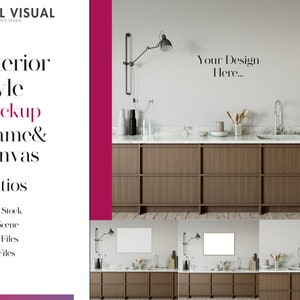 May include: Interior style mockup featuring a kitchen with dark wood cabinets, a marble countertop, and a white wall. The image includes a blank frame, a faucet, and decorative items. Text on the left reads "Interior Style Mockup Frame & Canvas".