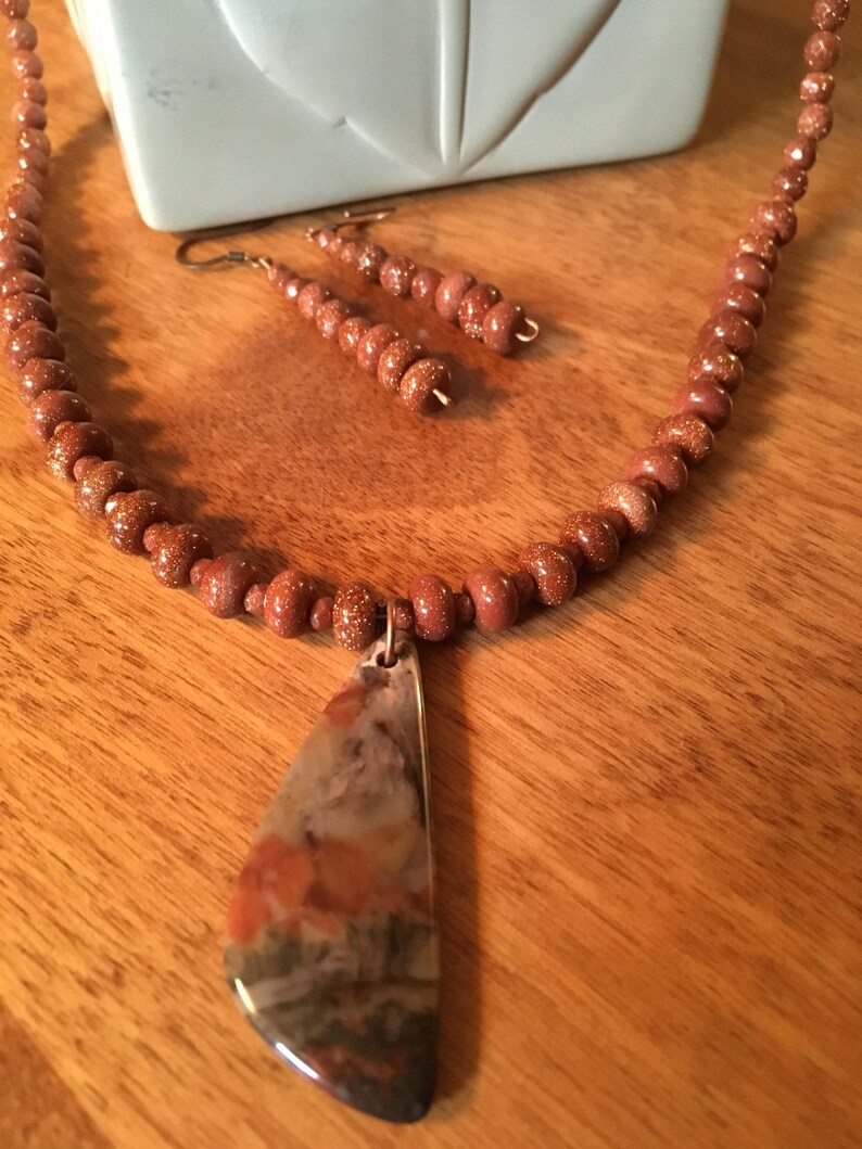 Brown goldstone and jasper necklace bracelet and earrings to match Really pretty combination.