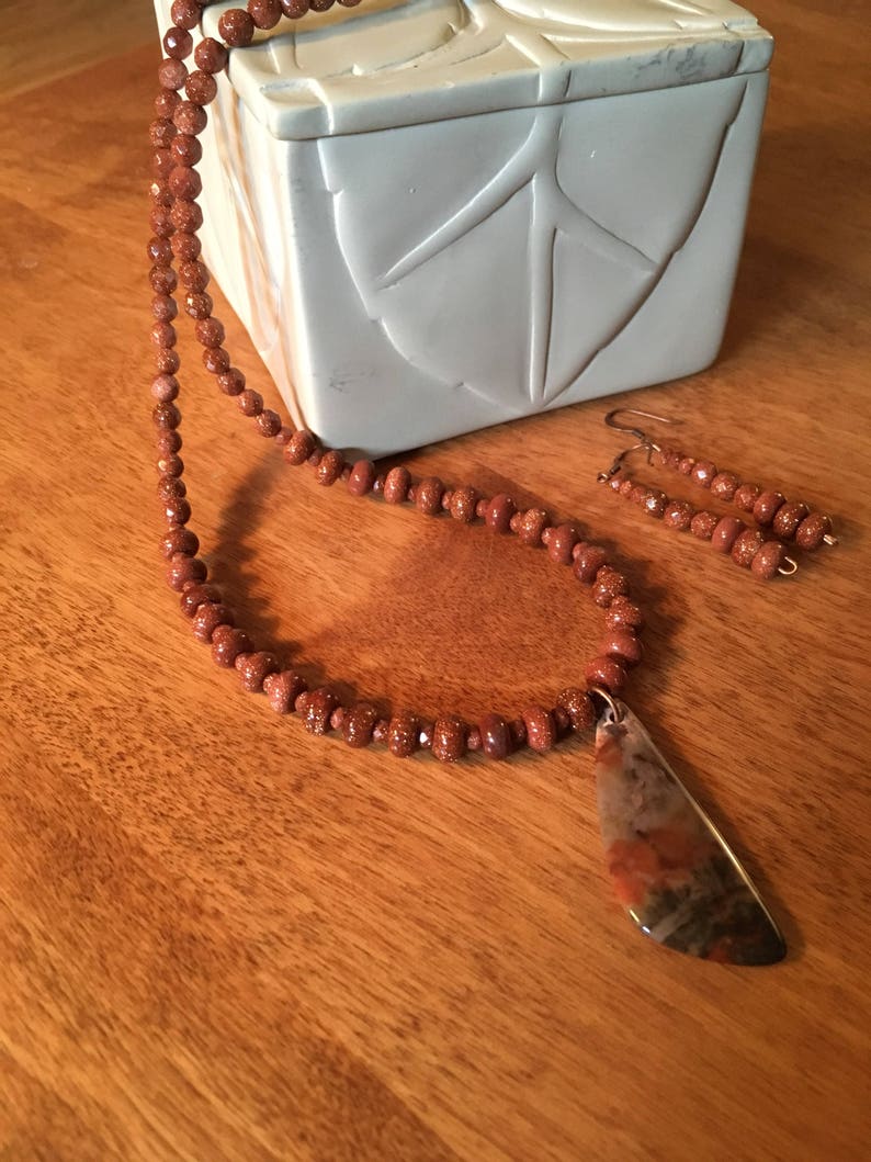 Brown goldstone and jasper necklace bracelet and earrings to match Really pretty combination.