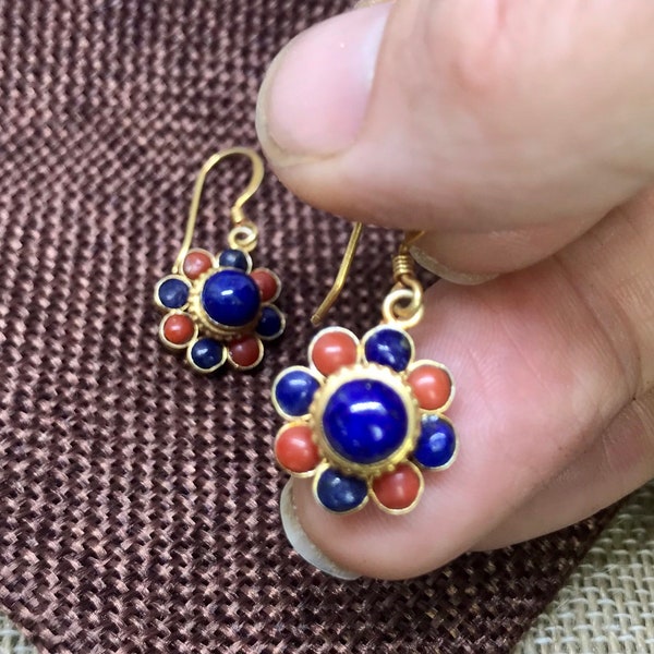 Lapis Lazuli and Coral Mandala Earrings