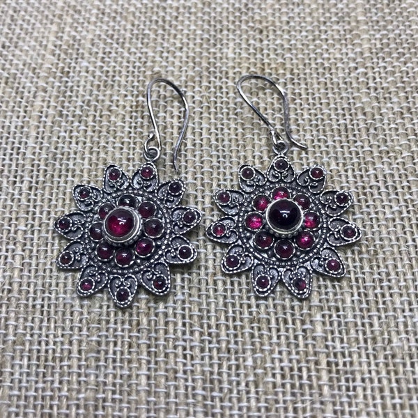 Vintage Newari Style Garnet and Sterling Silver Filigree Mandala Earrings