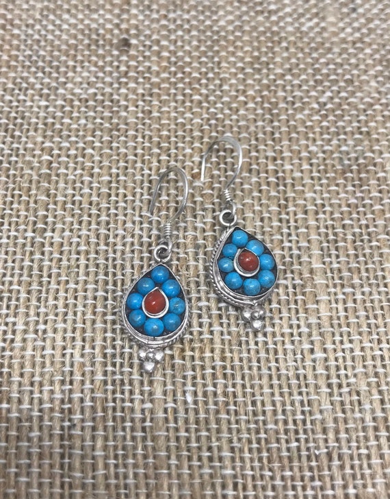 Tribal Turquoise and Coral Drops / 925 Silver - image 2