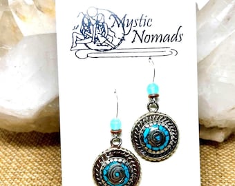 Turquoise And Silver Turkmanian Inlay Earrings