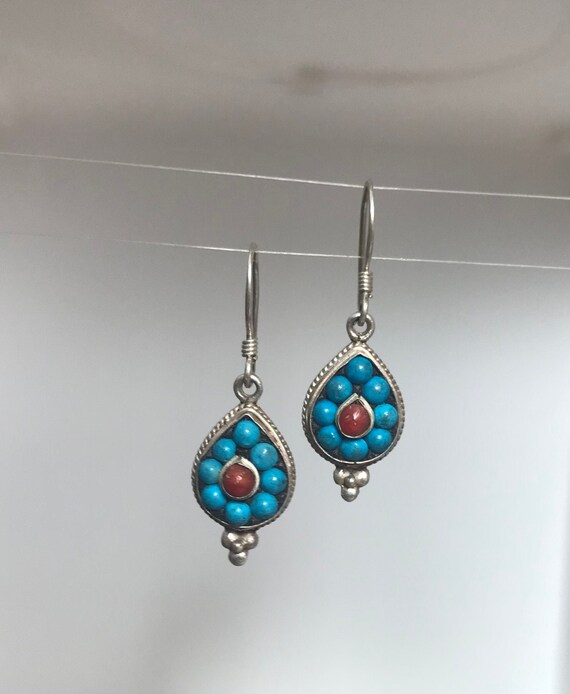 Tribal Turquoise and Coral Drops / 925 Silver - image 1