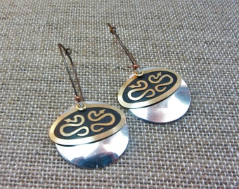 Acid-Etched Dancing Snake Earrings: Red Brass & Silver on Niobium Hoops