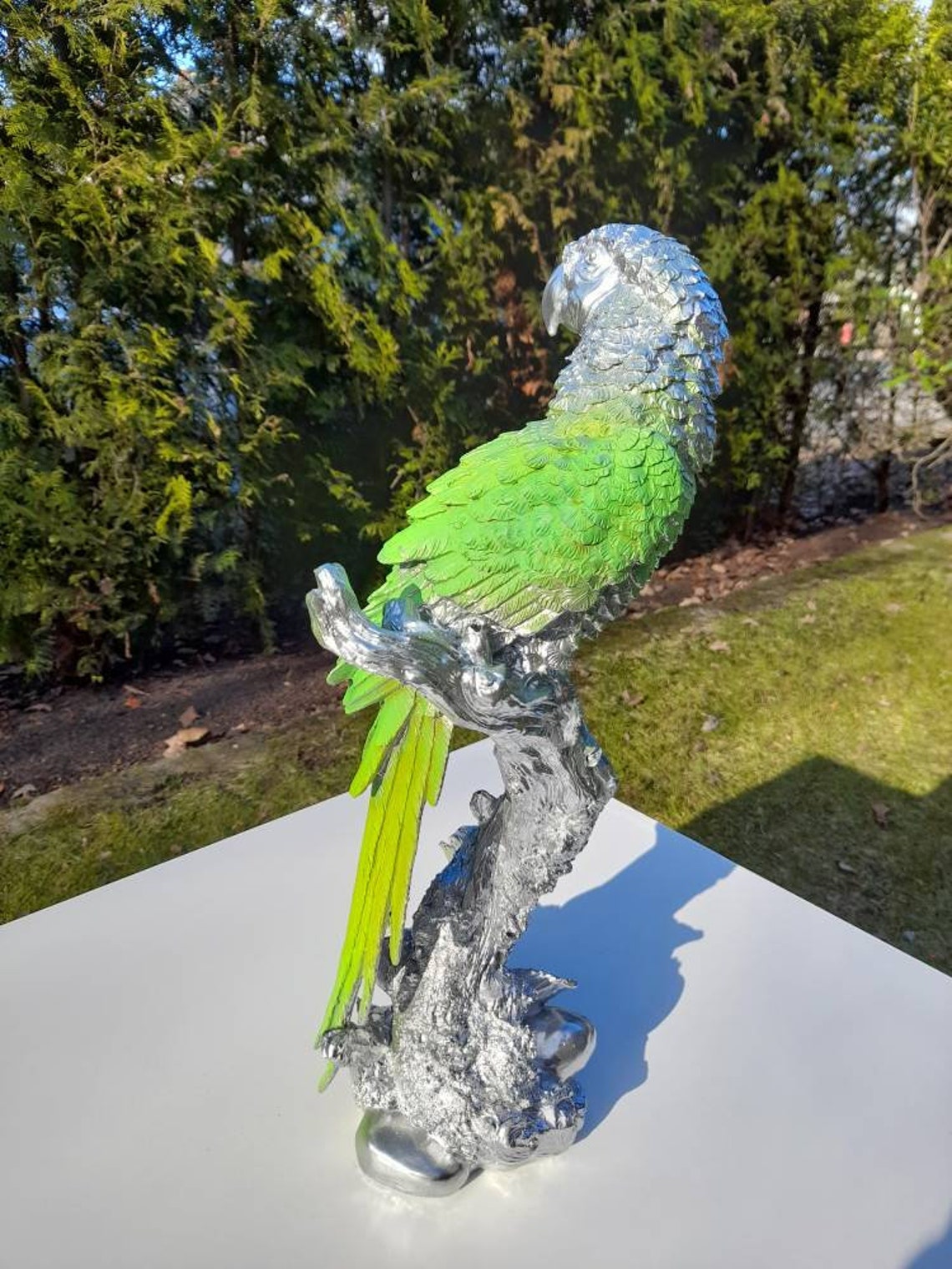 Parrot statue silver green large modern contemporary artwork Etsy