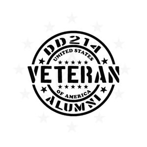May include: A black and white circular design featuring the text "DD214 UNITED STATES VETERAN ALUMNI OF AMERICA." The design includes stars and is set against a white background with faint star accents, suitable for apparel or accessories.