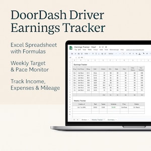 DoorDash/Gig Fahrer Earnings & Expense Tracker - Excel-Datei mit automatischen Berechnungen, wöchentlicher Ziel-Tracker und Pace-Überwachung