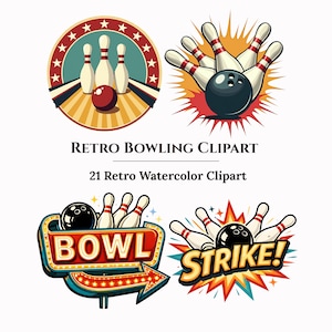 May include: A collection of retro bowling clipart illustrations. The designs feature bowling pins, bowling balls, and the word "BOWL" in a marquee style. The text "STRIKE!" is also included in a starburst design. The text "RETRO BOWLING CLIPART" is also included.