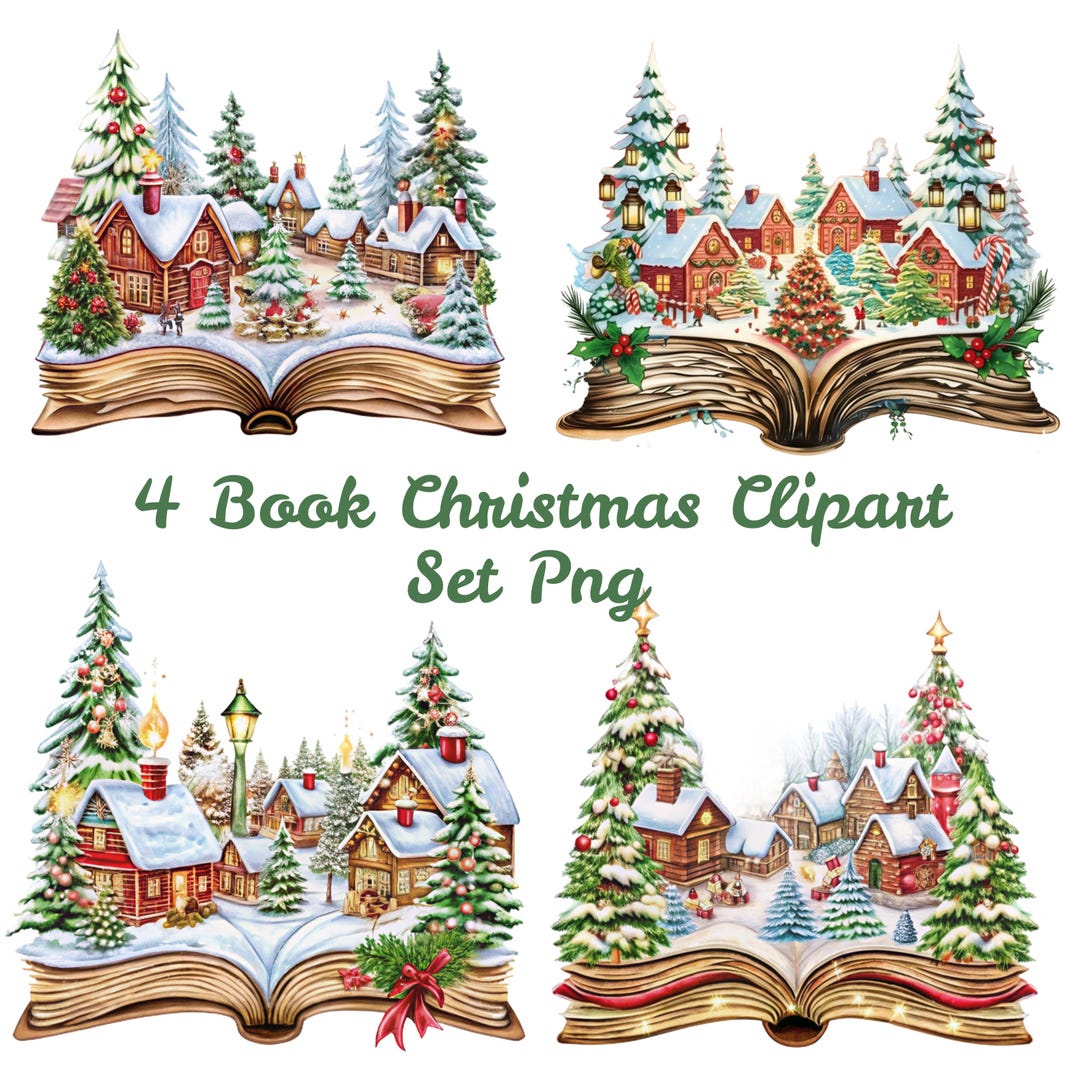 Library Xmas Vector 4 Book Christmas Clipart PNG Set, Winter Village Pop-up Illustration ...