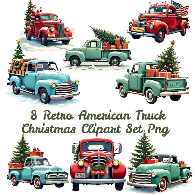 Retro Christmas Truck Clipart Bundle 8 PNG, Vintage Pickup Sublimation ...