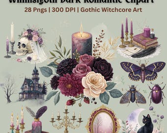 Imágenes prediseñadas de Whimsigoth Dark Romantic, rosas góticas en acuarela, velas, lunas y gatos, PNG celestial de bruja, arte gótico witchcore, uso comercial