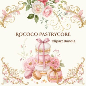 Puede incluir: Paquete de imágenes prediseñadas de acuarela con el tema Rococo Pastrycore. La imagen muestra macarons rosas, rosas y adornos decorativos. El texto "ROCOCO PASTRYCORE Clipart Bundle" se muestra en el centro.