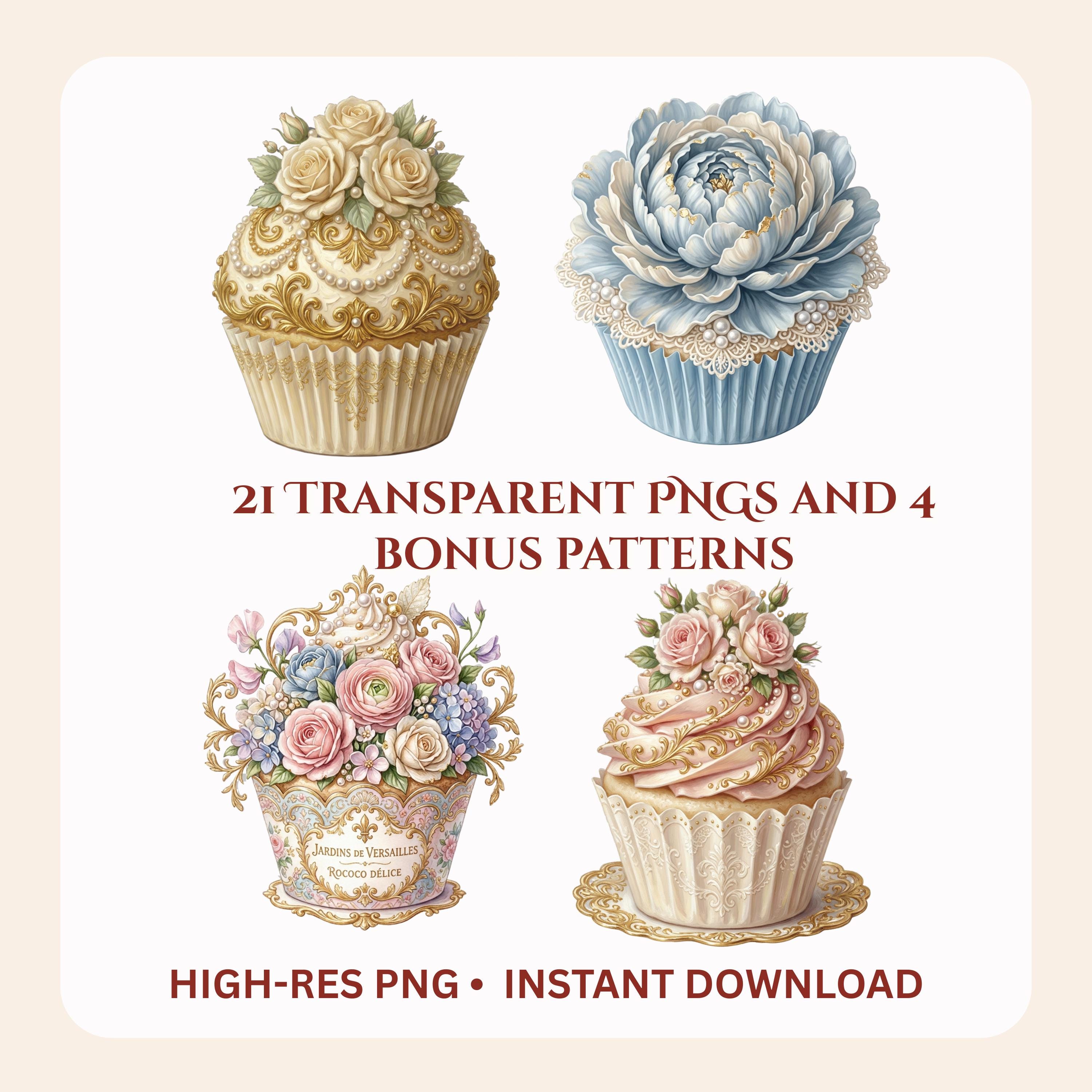 Cupcake Roccoco 21 Rococo Cupcake Clipart Bundle, Vintage Floral Cupcakes PNG, Parisian ...