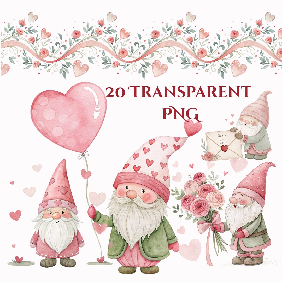 Luxe Valentine Gnome Clipart Bundle, Watercolor Romantic Gnomes Png ...