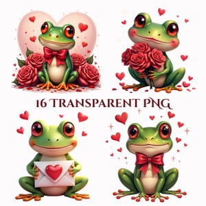 May include: Four images of cartoon frogs with red eyes and bows. One frog is surrounded by roses and hearts, another holds roses, a third holds an envelope with a heart, and the last has a bow. The text "16 TRANSPARENT PNG" is at the bottom.