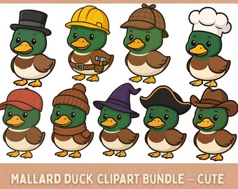 Stockente Enten Clipart Bundle - Niedliche Enten in 11 verschiedenen Hüten, PNG Set, Cartoon Enten Illustrationen, transparenter Hintergrund, digitaler Download
