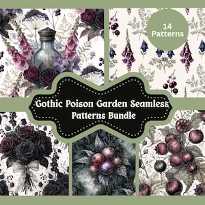 Op de afbeelding: Een digitale kunstbundel met 14 naadloze patronen met een gotische tuin thema. De patronen tonen botanische illustraties van bloemen, bessen en bladeren in paars, zwart en wit. De tekst "Gothic Poison Garden Seamless Patterns Bundle" wordt weergegeven.