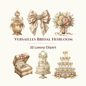 Paquete de imágenes prediseñadas de reliquias nupciales rococó, gráficos de invitación de boda de lujo en oro de Versalles PNG 4000px