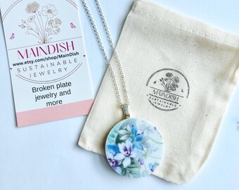 Pendant medallion necklace handmade from a broken vintage plate in blue flowers