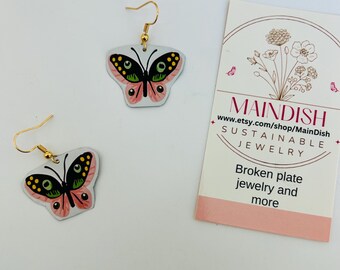 Butterfly dangle earrings handmade from up cycled tin
