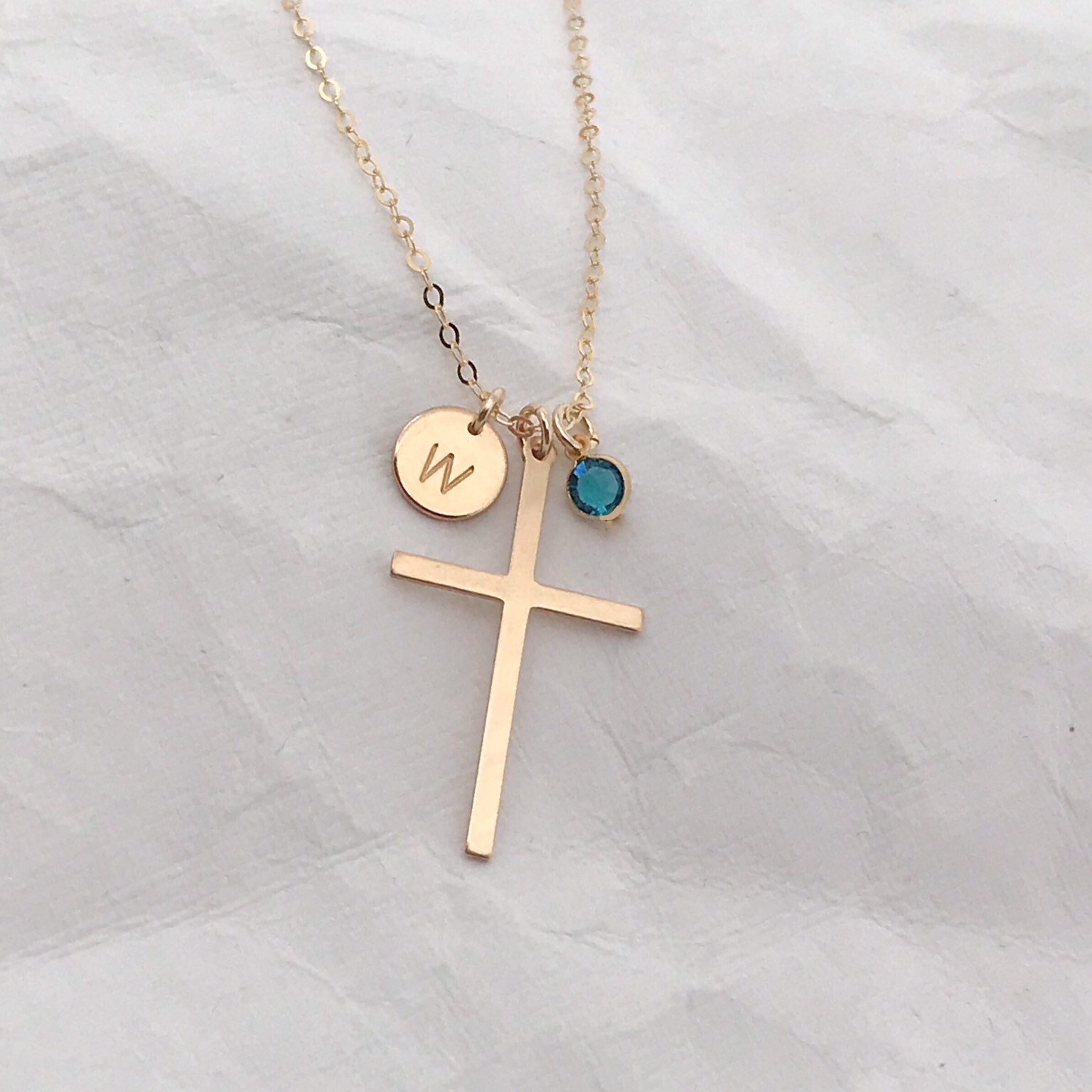 Gold cross necklace-Birthstone necklace-Handstamped initial | Etsy