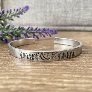 Nature Forest Evergreen Trees Bracelet, Handmade Jewelry, Outdoors Backpacker Hiker Wanderlust Gift, Minimalist Bangle Cuff Bracelet