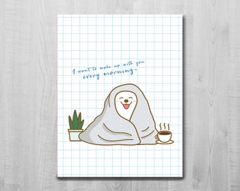 Samoyed Love Card/ Greeting Card/ I want to wake you with you every morning/ Samoyed Couple/ Anniversary/ Dog/ Animal/ Blank Card/ A2 Card